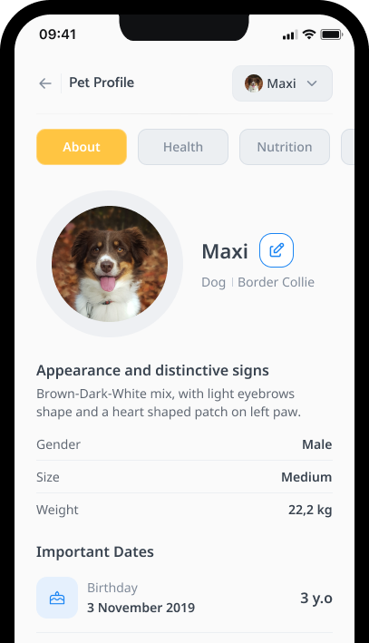 Petezy pet profile for Maxi the Border Collie with health tabs
