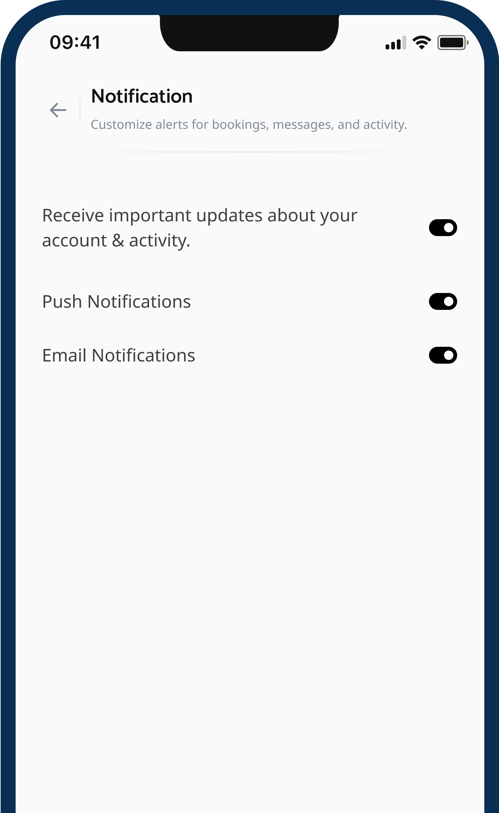 Petezy notification settings with push and email toggles