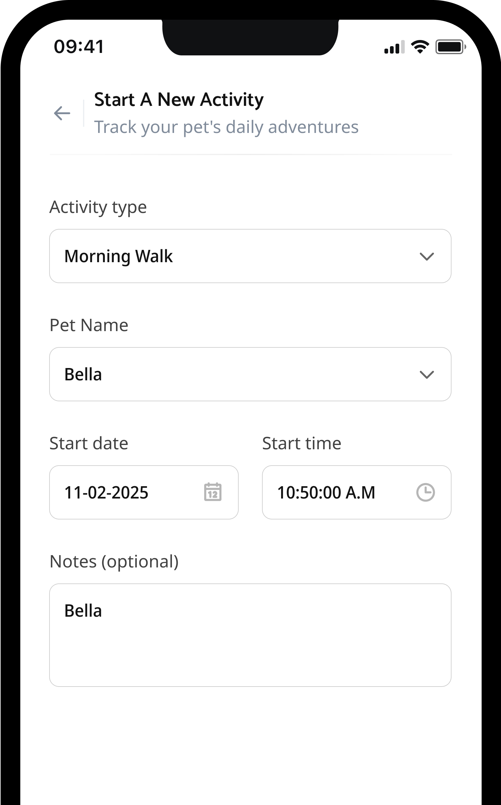 Petezy start activity form with walk type, pet selector, date and time