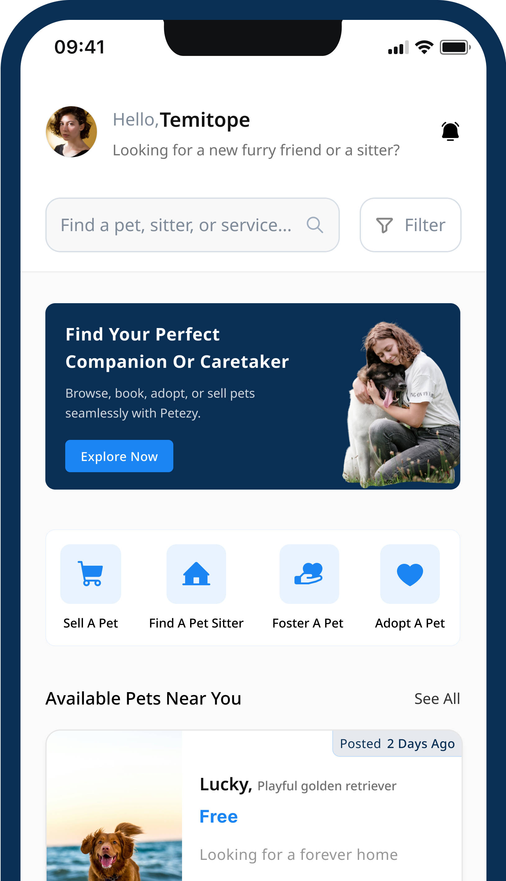 Petezy marketplace feed to find pet sitters, adopt or foster